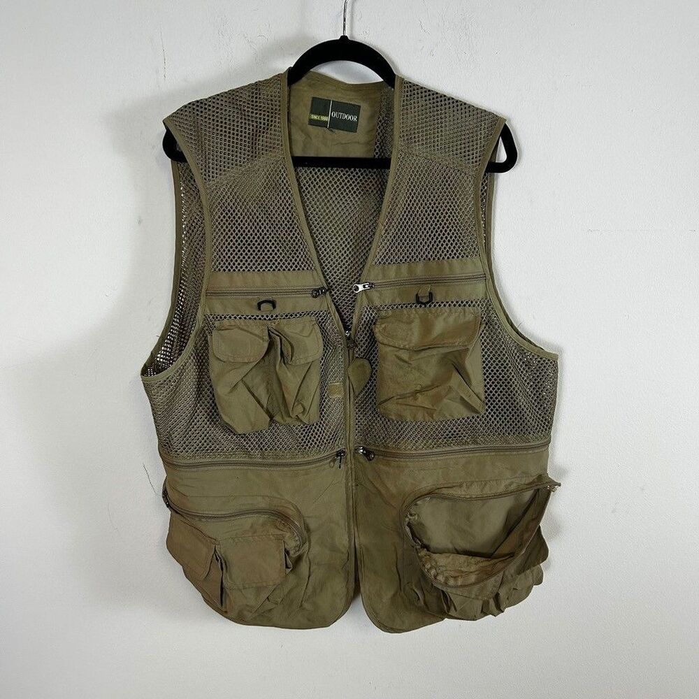 Outdoor Mesh Fishing Vest Mens Large Green Utility Multi Pocket Fly Fishing